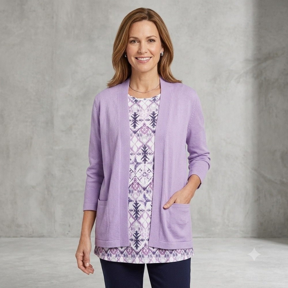 Alfred Dunner Womens Size Large Cardigan Mock Layer Purple Knit Sweater Granny